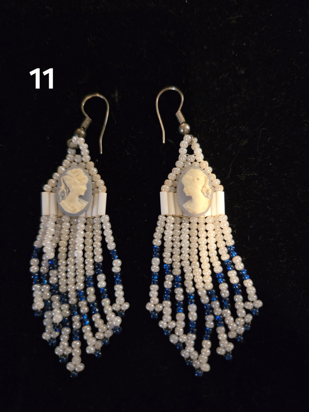 Handcrafted White and Blue Beaded Cameo Drop Earrings